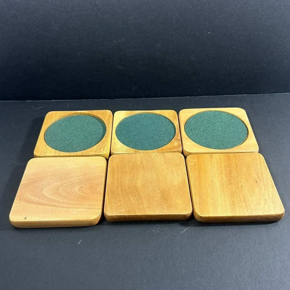 Coaster Set Brown Green Wood Metal Wire Heart Caddy Vintage Cottagecore 6pc OS